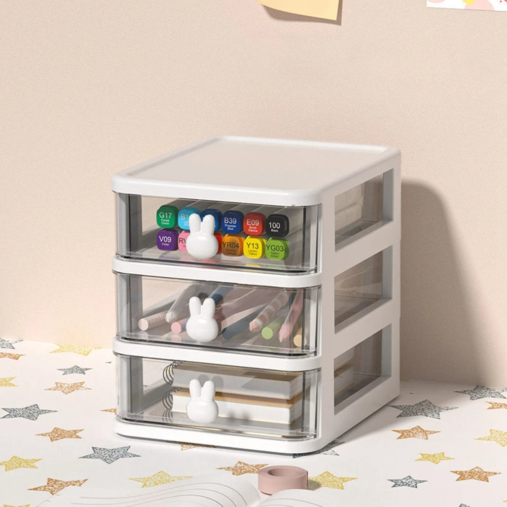 1PCS 3 Layers Desk Storage Box Rack Pen Stand Rabbit Handle Makeup Case Cosmetic Container Brush Holder Jewelry Organizer