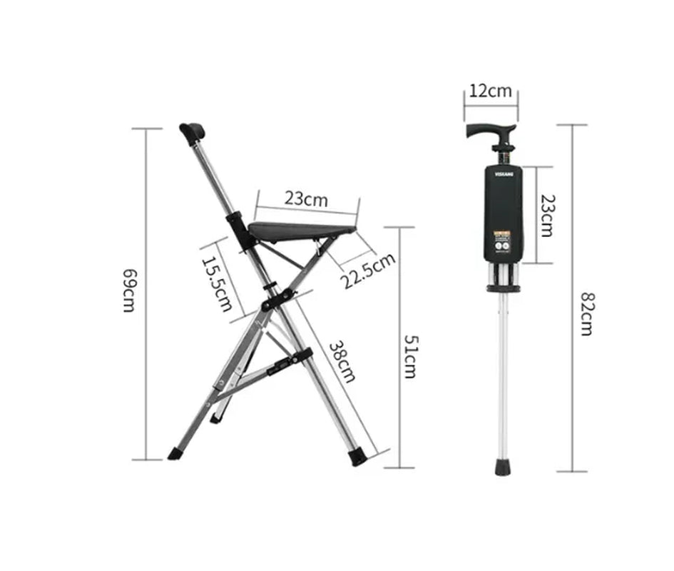 New High Quality Aluminum Alloy Foldable Walking Cane Stick with Seat Adjustable Elderly Crutch Chair with Stool