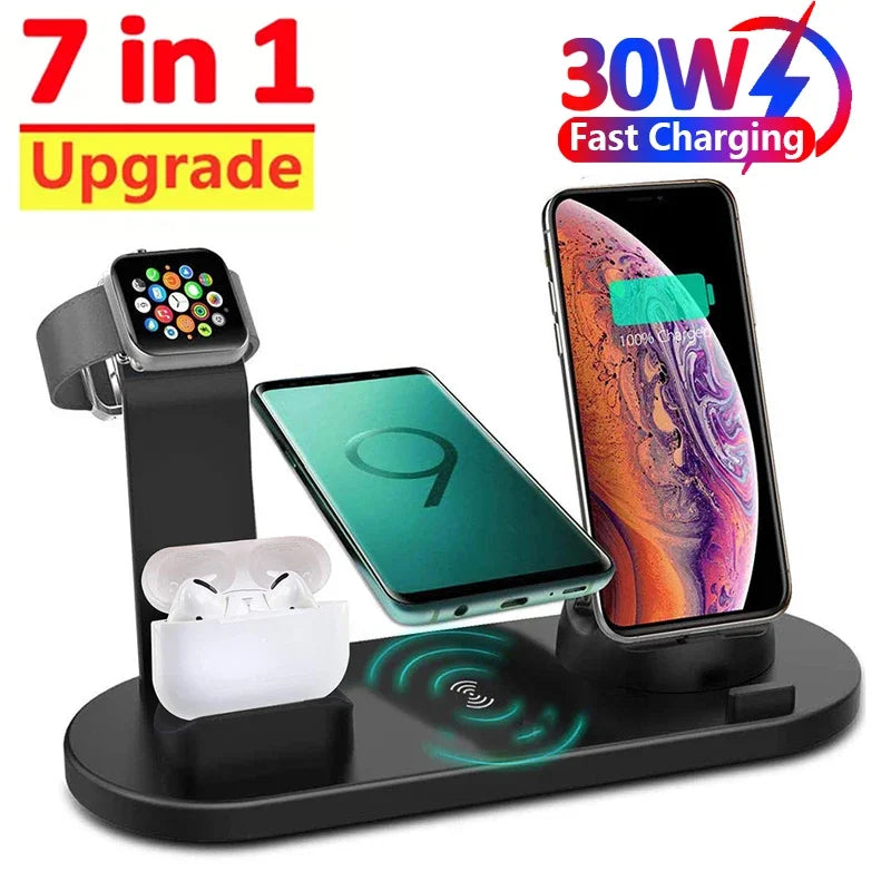 7 in 1 Wireless Charger Stand Pad for Iphone 15 14 13 12 11 X Apple Watch Airpods Desk Phone Chargers Fast Charging Dock Station