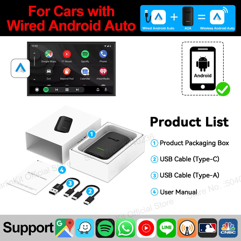 2024  Android Auto Wireless Adapter Smart Ai Box Plug and Play Bluetooth Wifi Auto Connect for Wired Android Auto Cars