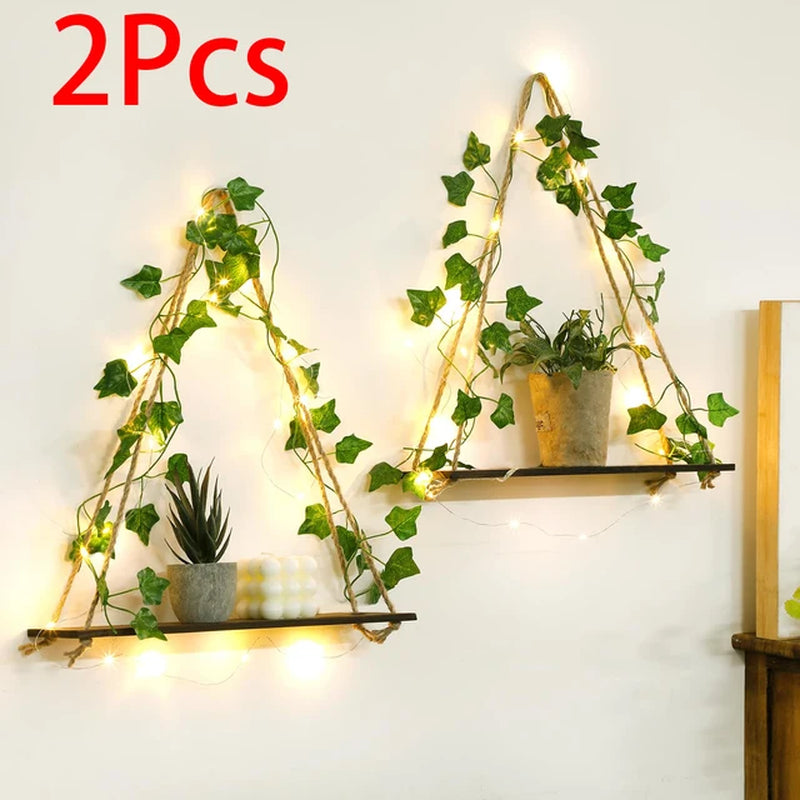 Wood Shelf with Leaf Hanging Decoration LED Shelf Decor Aesthetic Room Decor Floating Shelves Wall Display Stand for Living Room