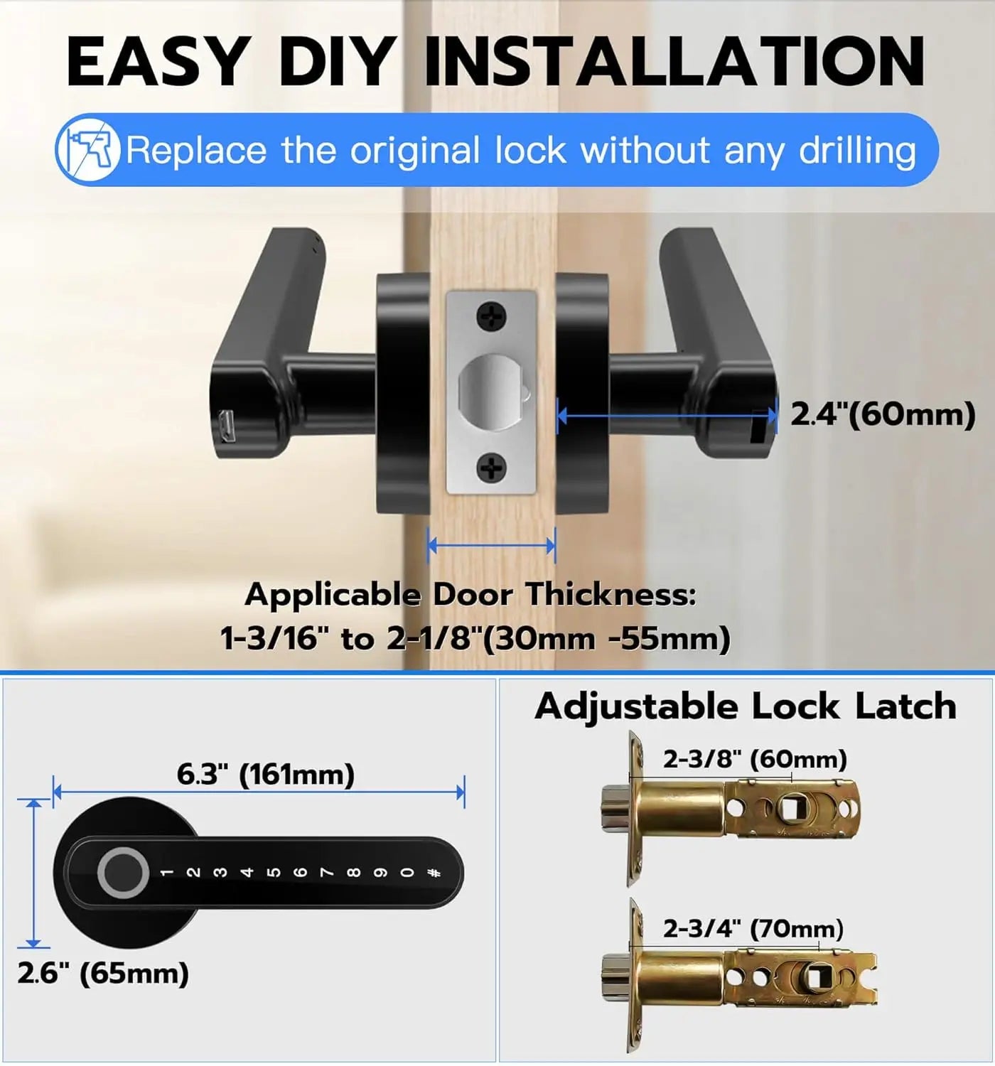 Fingerprint Door Lock with Keypad Smart Door Lock for Bedroom Electronic Lock with Passcode App Unlocking for Interior Doors